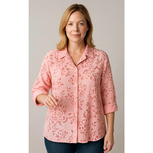 Hester & Orchard Women's Button-Up Shirt Sz Lg Pink Coastal Grandma Eclectic
